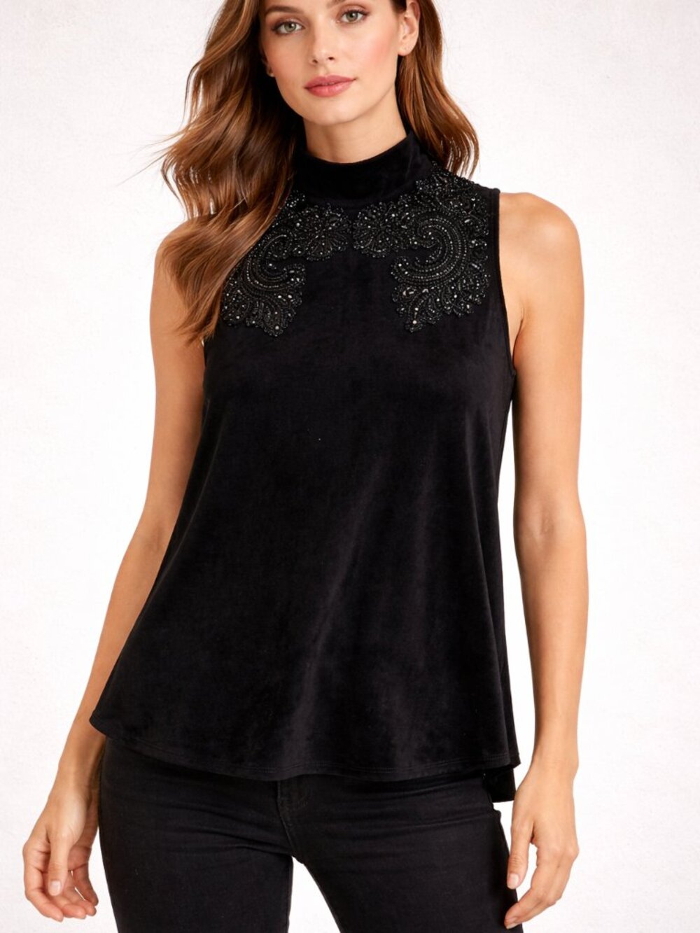 ZARA Medium Black Velvet High Neck Lace Beaded Embellished Sleeveless Swing Top